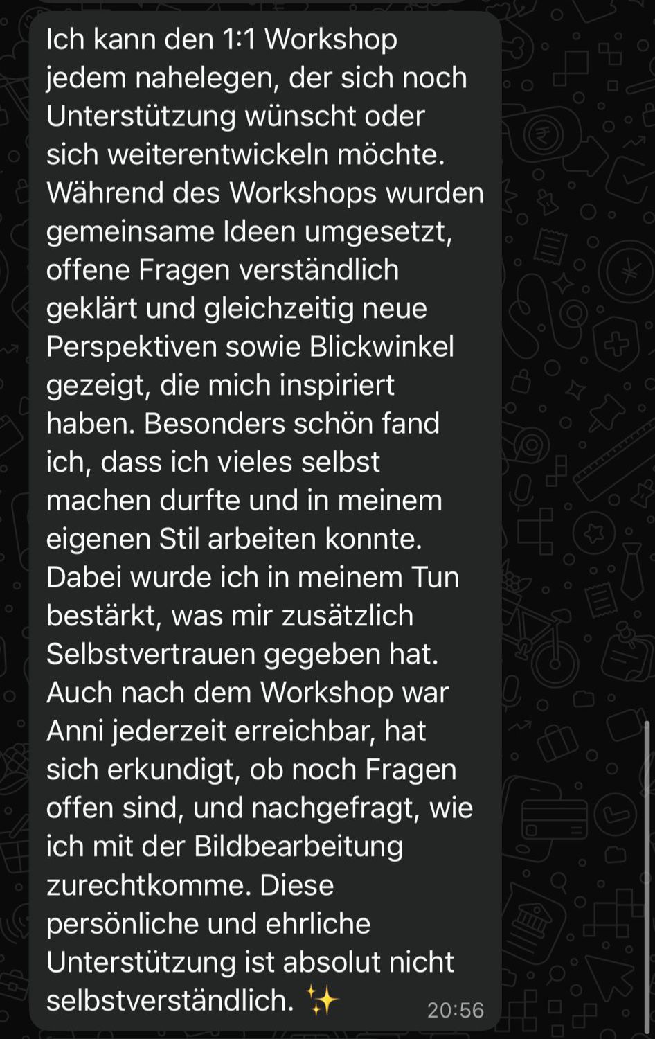 Chat-Nachricht von Krissy: 1:1-Workshop-Empfehlung, gemeinsame Ideen, Klarung der Fragen, Inspiration durch neue Blickwinkel, Arbeiten im eigenen Stil, Nachbetreuung und Unterstützung.